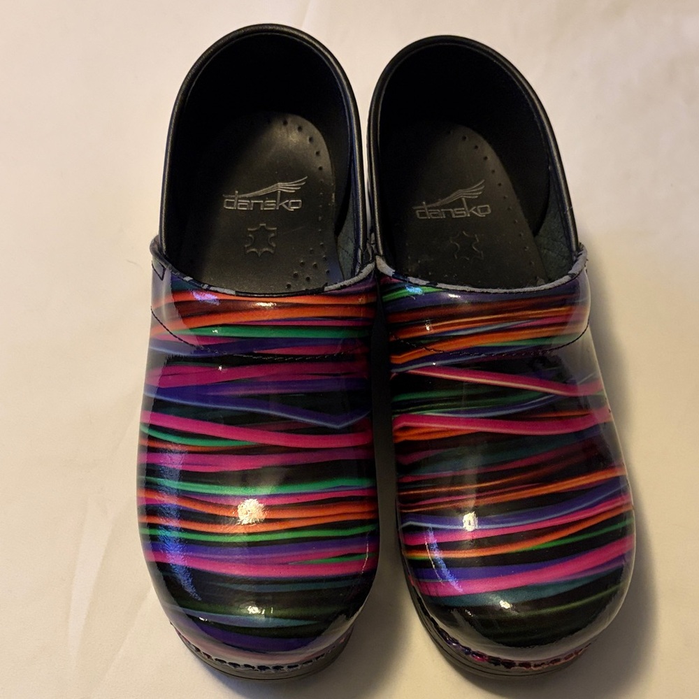 Dansko Pro XP Multicolor Striped Patent Leather Clogs